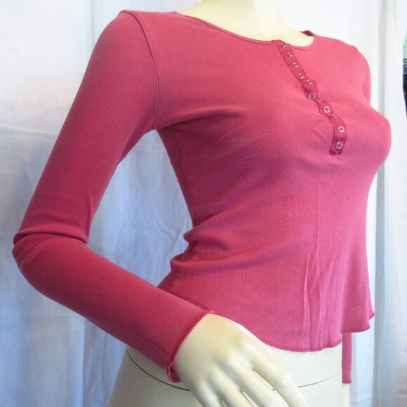 Y2K Vintage Express Pink Long Sleeve Henley Top Preppy Indie Sleaze Layering Tee - Picture 9 of 16
